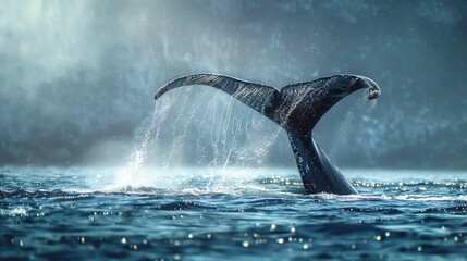 Obraz premium A whale's tail breaks the surface of the water, creating a spray of droplets.