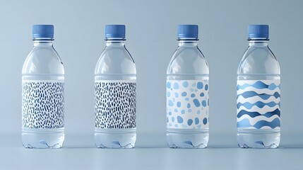 Flatlay mockup of water bottle labels with creative generative AI patterns, set against a minimalist background