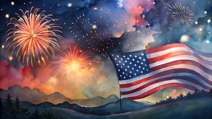 Watercolor painting celebrating USA Independence Day featuring fireworks and the US flag