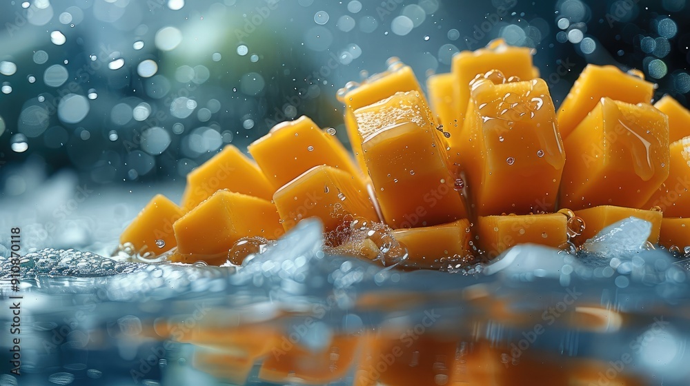 Poster a cut mango and water, ice cubes, interesting complexity of colors, soft light. generative ai.