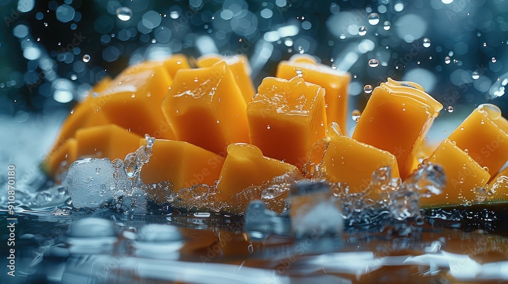 Poster a cut mango and water, ice cubes, interesting complexity of colors, soft light. generative ai.