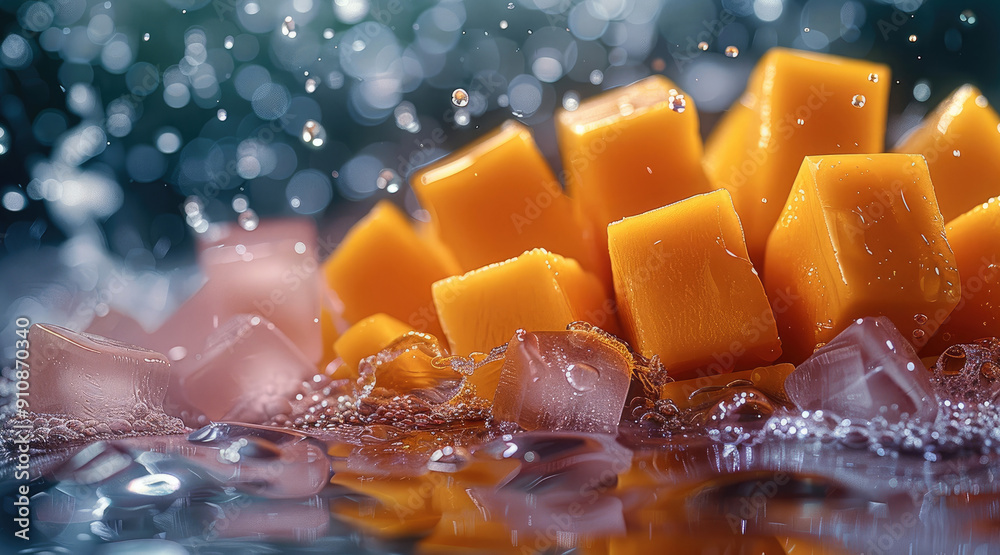 Poster a cut mango and water, ice cubes, interesting complexity of colors, soft light. generative ai.