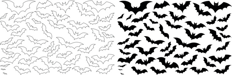 Bat silhouette and bats line art vector for Halloween decor. Black bat outline illustration. Spooky bats swarm design
