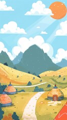 Majestic mountains, hills and traditional round tents scattered across the foreground, the road stretching to the horizon.