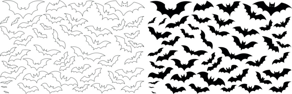 Bat silhouette and bats line art vector for Halloween decor. Black bat outline illustration. Spooky bats swarm design