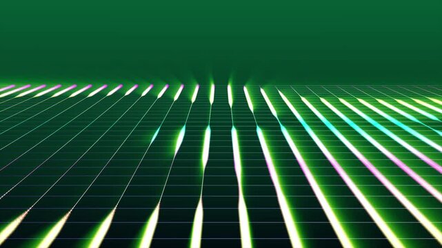 Abstract technology perspective animated moving multicolor grid. Detailed wireframe landscape with lines on green background