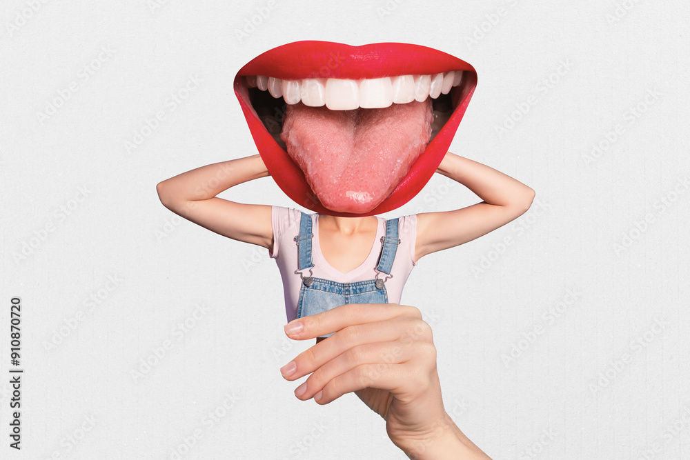 Canvas Prints Collage image artwork poster of funny unknown girl no face smile red pomade isolated on drawing background