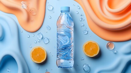 Flatlay of water bottle packaging, featuring creative generative AI elements on a minimalist background