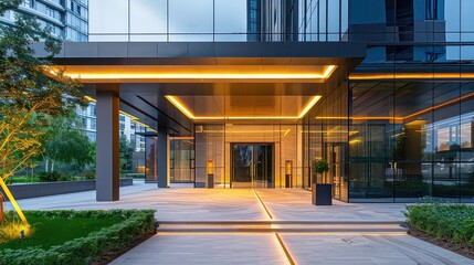 The image shows the entrance of a modern building featuring a sleek glass and steel facade, illuminated walkway, and landscaping.