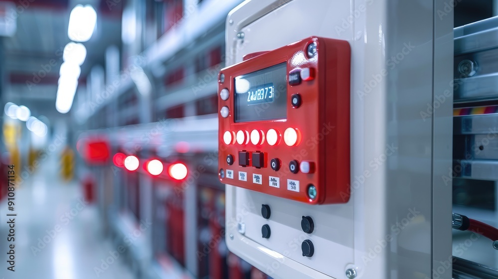 Leinwandbilder advanced fire alarm control panel with interconnected detectors and flashing alert lights, highlight