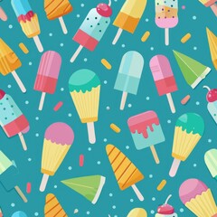Seamless pattern of colorful popsicles and ice cream cones, perfect for a summer treat vibe