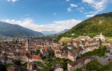 Chur, Switzerland: Aerial panorama of the Chur old town in Canton Graubunden in the alps in Switzerland. in summer