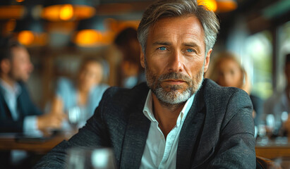 Obraz premium A man in a suit is sitting at a table with a glass of water in front of him. He is looking at the camera with a serious expression
