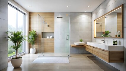 Serene Minimalist Bathroom with a Walk-in Shower and Large Mirror  AI generated