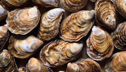 Freshly caught oysters lie next to each other in a symmetrical pattern as a background.