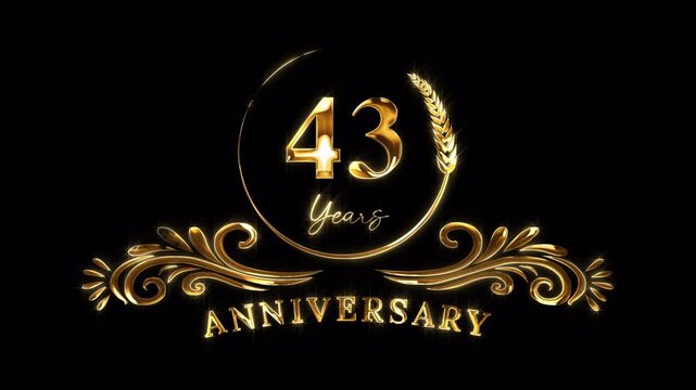 43rd Anniversary Celebration. Happy 43 Years Anniversary Animation in Gold Color on the Transparent Background, Alpha Channel. Great for greetings, celebrations, events, and gifts.