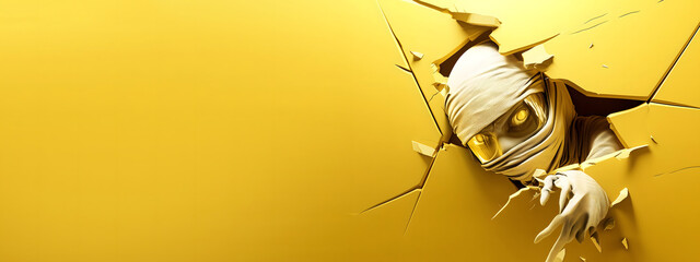 Cute Cartoon Mummy Bursting Through Yellow Wall. Design Banner with Blank Copy space for Custom Advertising and Header