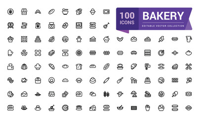 Bakery icon collection. Set Bakery thin line icon set. Bakery collection of simple outline signs. Fresh baking symbol in linear style. Editable vector stroke.