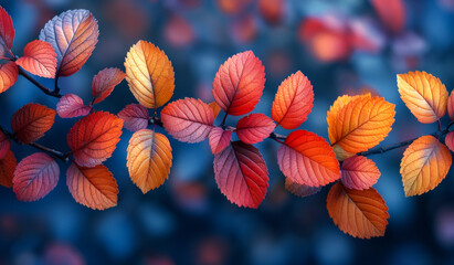 Fototapeta premium A branch with leaves that are orange and blue