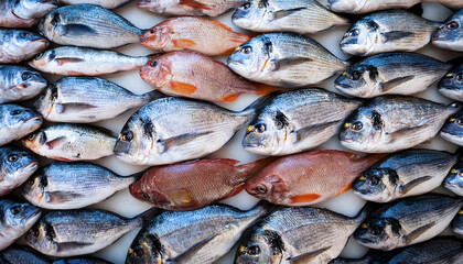 Obraz premium Freshly caught fish from the mediterranean sea lie next to each other in a symmetrical pattern as a background.
