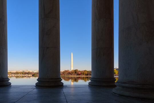 View of Washington Monument against blue sky from Jefferson Memorial