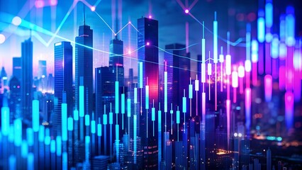 A Symphony of Fluctuations: Neon Blue and Purple Bars Dance Against a Blurred Metropolis  Generative AI