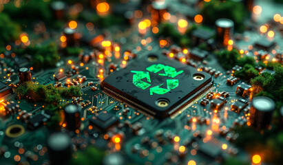 A computer chip with a green recycle symbol on it