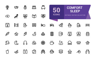 Comfort sleep icon set. Related to bed, pillow, sleepy, day dreaming, night and more icons. Minimalist thin linear web ui icon set. Simple editable vector stroke illustration.