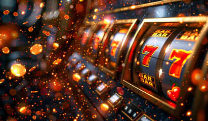 A casino game with a slot machine that has the number seven on it