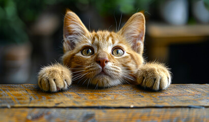 A cat is looking at the camera with its eyes wide open. The cat is orange and has long whiskers