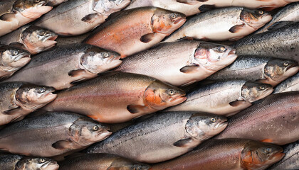 Obraz premium Freshly caught salmon lie next to each other in a symmetrical pattern as a background.