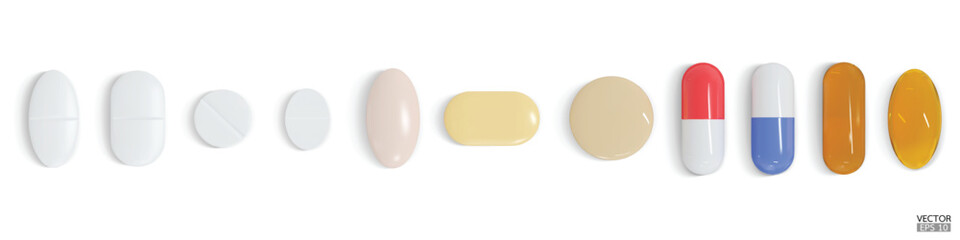 Obraz premium Set of 3d realistic pills isolated on white background. Medical Pill, Capsule, Tablet, medicine drug Collection. 3D vector illustration.