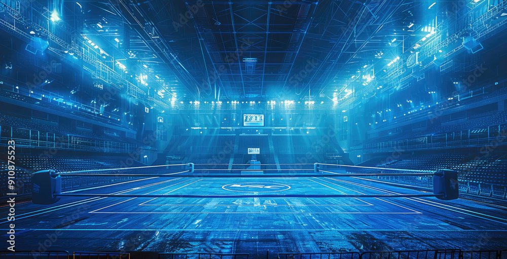 Poster a blue print of a wrestling ring in an arena, multiple angles. generative ai.