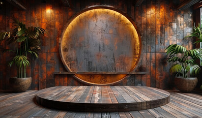 Fototapeta premium A large wooden circle with a hole in the middle. The circle is surrounded by a wooden floor and a wall.