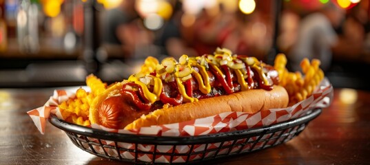 A loaded hot dog with mustard and ketchup on the background of a fuzzy soccer bar