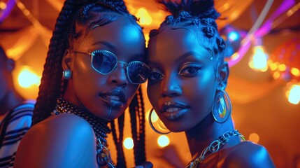Fototapeta premium Hot black girls in a colorful underground club, neon colors. Generative AI.