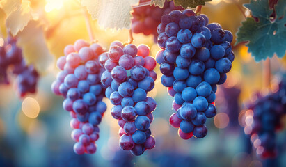 Three bunches of grapes hanging from a vine. The grapes are purple and are in the sun