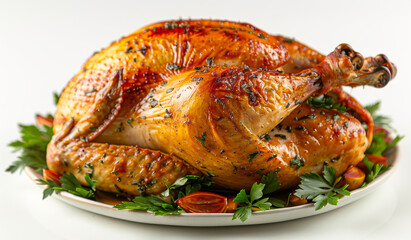 A large roasted turkey is sitting on a white plate with parsley and carrots