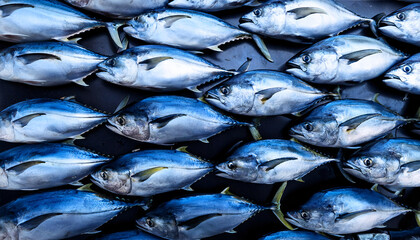 Freshly caught tunas lie next to each other in a symmetrical pattern as a background.