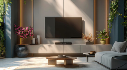 TV wall cabinet scene display, simple and light luxury style. Generative AI.