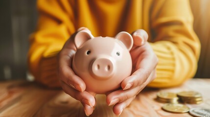 Obraz premium Close-up of hands holding a pink piggy bank with scattered coins on a wooden table, symbolizing savings and financial security.