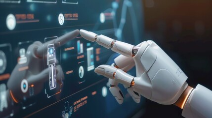 Robotic hand touching a high-tech digital interface on a screen, showcasing advanced technology and futuristic concepts..