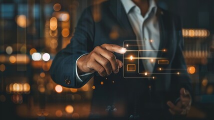 Businessman in suit interacting with a futuristic digital interface with glowing icons, set in a modern office environment.