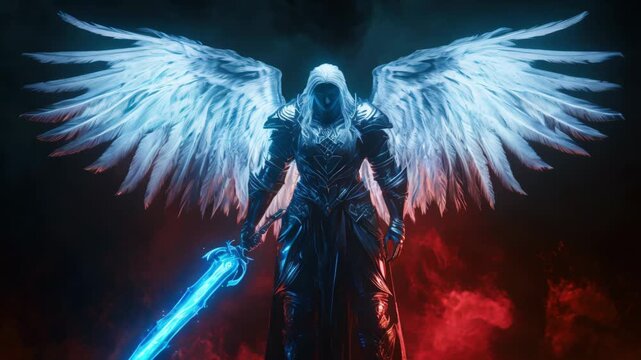  Intricate full-body shot of an ironclad white angel holding a glowing blue and white sword in a guardian pose, set against a dramatic black and red background, showcasing vivid colors