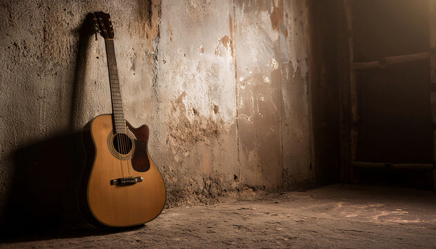 Guitar leaning against a old wall in a dirty rehearsal room.