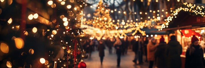 Obraz premium Festival scene of a Christmas market lit up with glowing lights and decorations, portraying holiday spirit and cheerful celebrations.