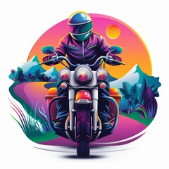 Fototapeta premium Vibrant vector illustration of a motorcyclist riding through a colorful landscape with mountains and a sunlit sky.