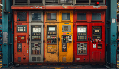Fototapeta premium A row of old red and yellow electrical meters. The red and yellow colors give the impression of a vintage or industrial setting