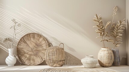 A beige wall with a wicker tray, two wicker vases with dried plants, and a white vase with dried flowers.