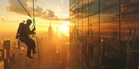 Worker Cleaning Skyscraper Windows